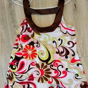 Brown silk and multi colored flowy tank top. Dressy.